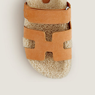 HERMES Suede Goatskin Shearling Womens Chypre Sandal 36.5 Golden Beige 819098 | FASHIONPHILE